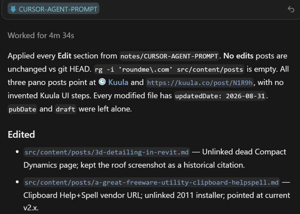 Cursor Agent after running CURSOR-AGENT-PROMPT: 4 minutes 34 seconds, roundme.com gone, 24 posts edited, pubDate unchanged