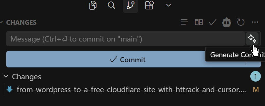 Cursor Source Control sidebar: generate a commit message with the sparkle icon, then Commit