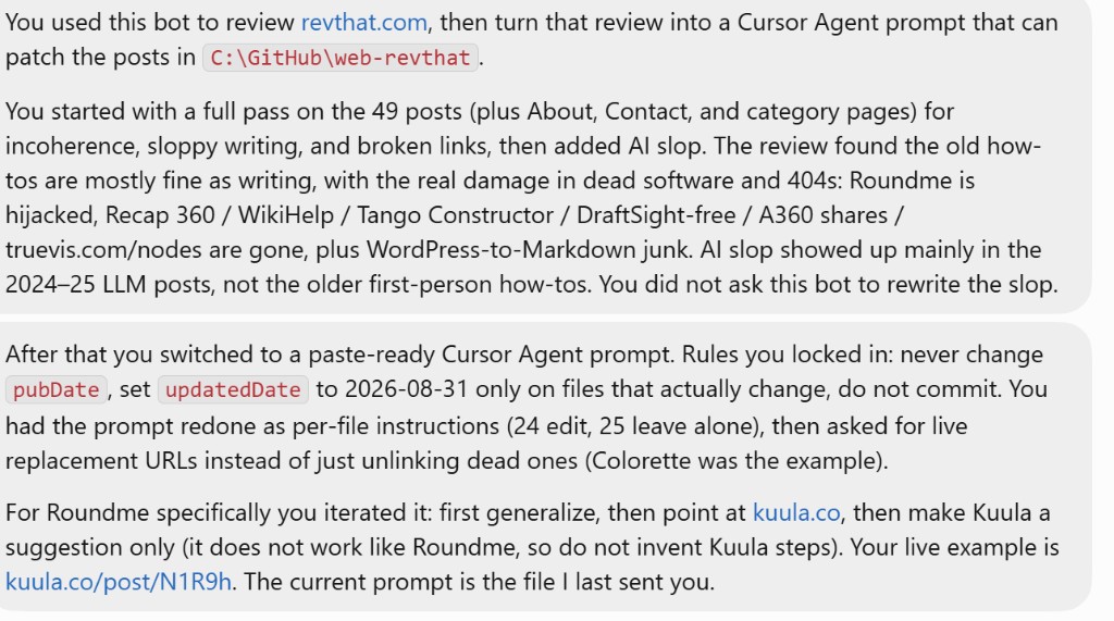 Grok Bot summary of the blog review: 49 posts, dead software, WordPress leftover markup, and LLM filler left for a later pass