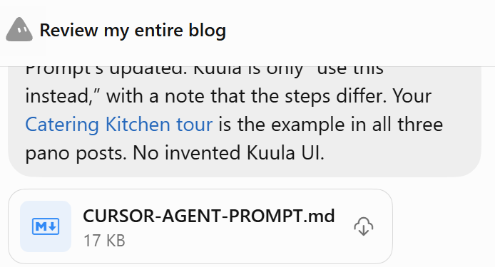 Grok Bot after iterating the prompt: Review my entire blog, then a downloadable CURSOR-AGENT-PROMPT.md file
