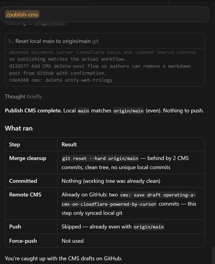 Cursor Agent after /publish-cms: local main reset to origin/main, even with GitHub, nothing to push